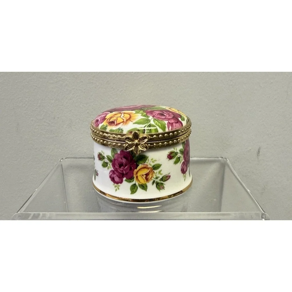 Floral Motif Gold Hinged Trinket Box Fenton Bone China Peony Rose Country‎ Decor